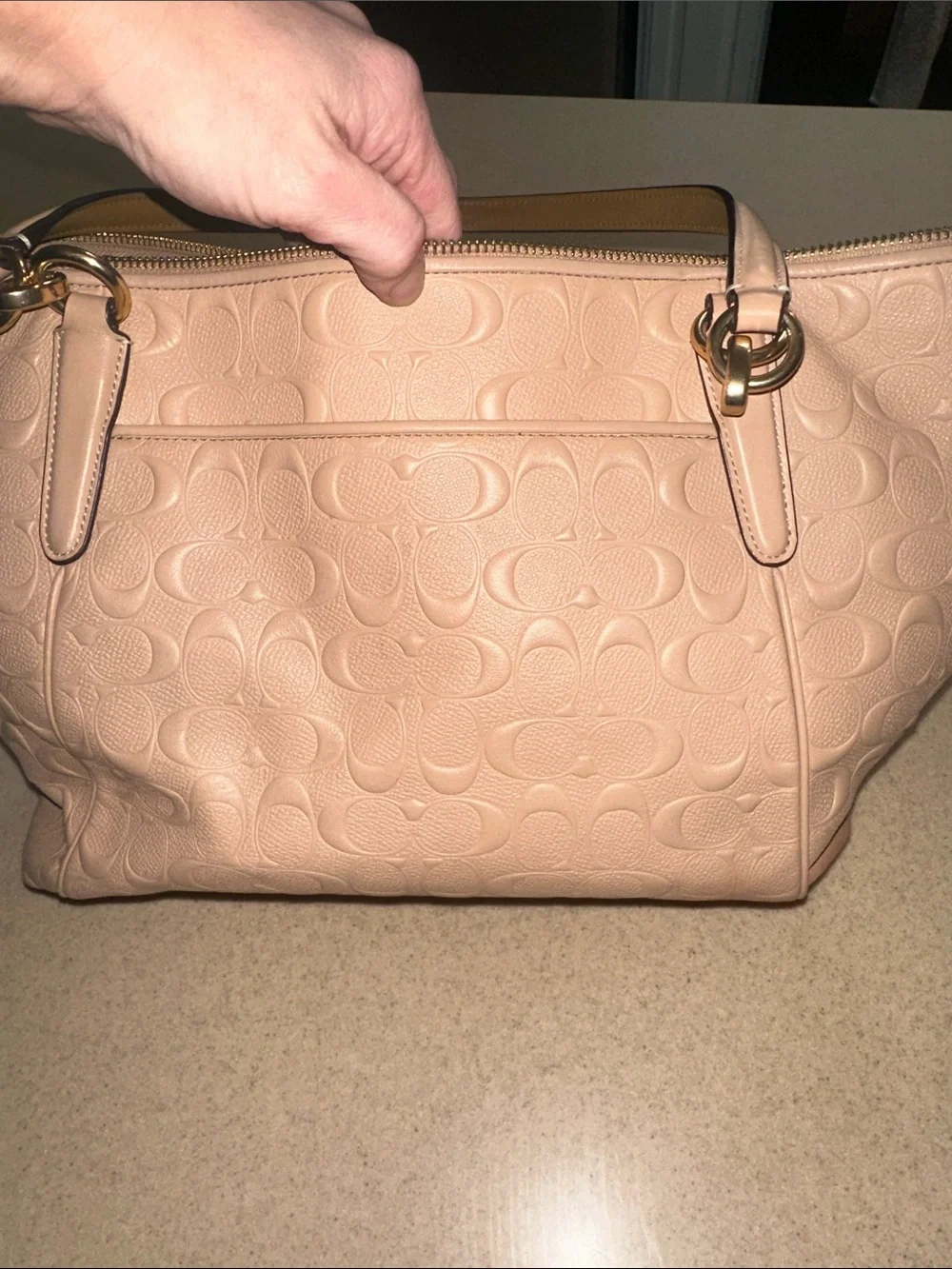 Coach Embossed Signature Leather Tote in Pale Pink